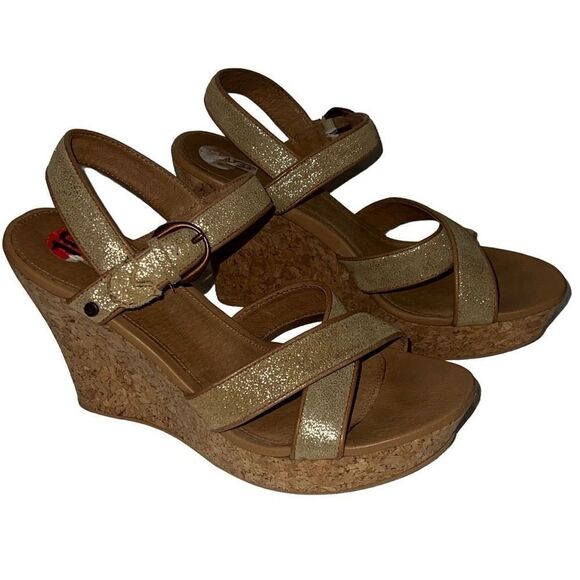 Ugg Jazmine Metallic Chestnut Gold Coast Cork Wedge Sandals Adjustable Sz 10 - Picture 1 of 9
